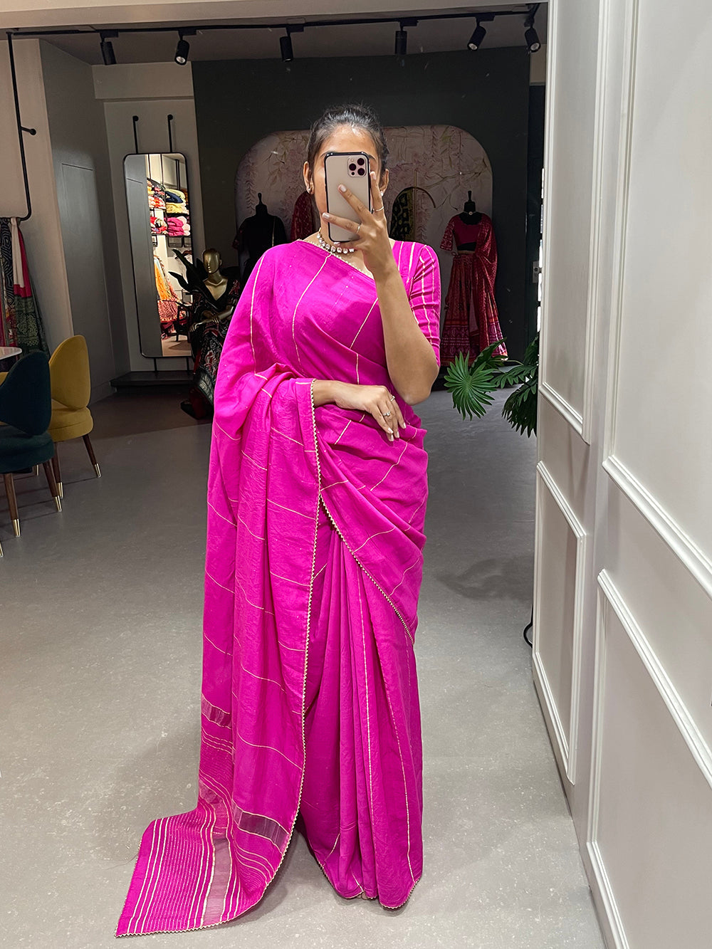 Pink Color Sequins And Zari Work Viscose Chanderi Saree