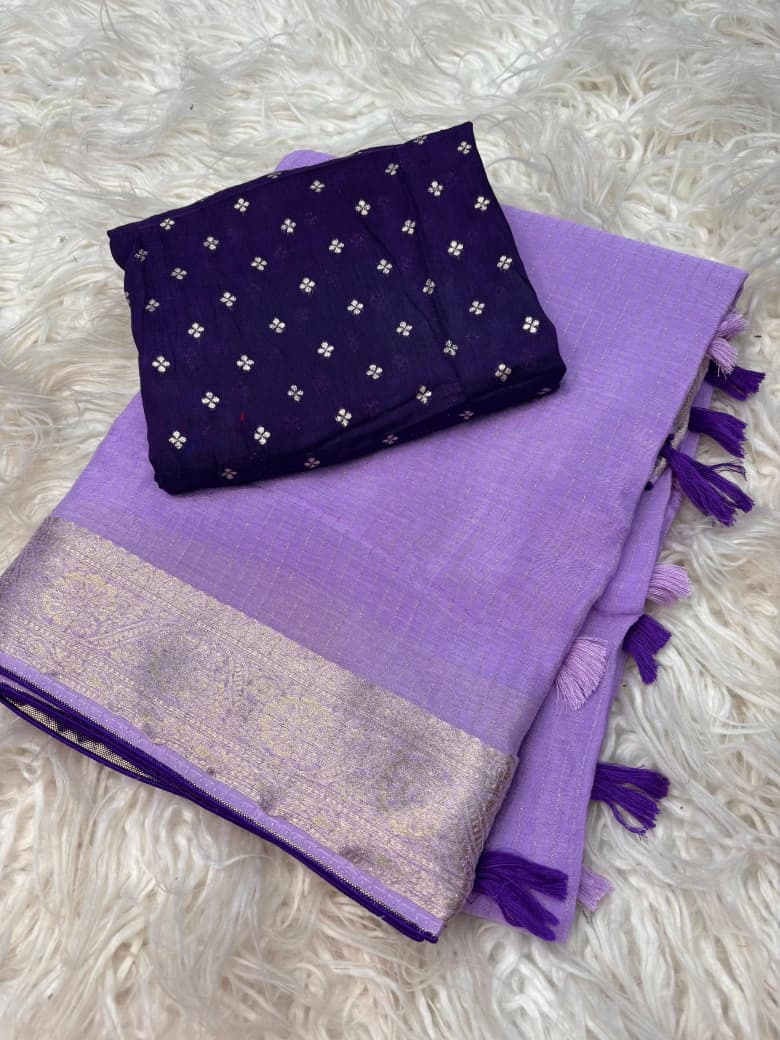 Viscose Chinnon Saree with Jacquard Border & Contrast Blouse