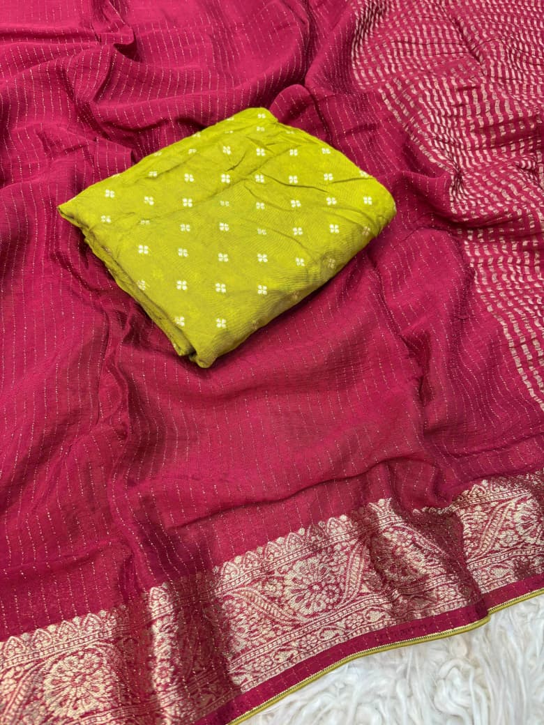 Viscose Chinnon Saree with Jacquard Border & Contrast Blouse