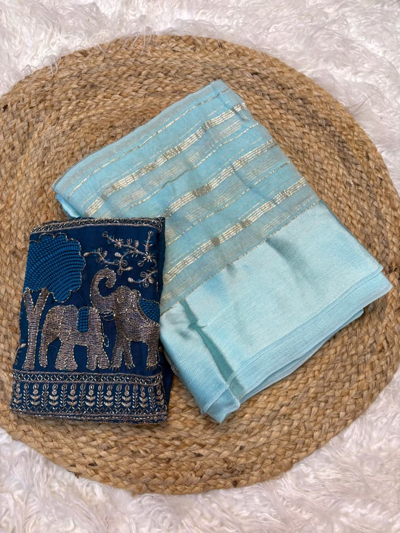 Viscose Georgette Saree with Beads Work Blouse in Elephant Design & Satin Border