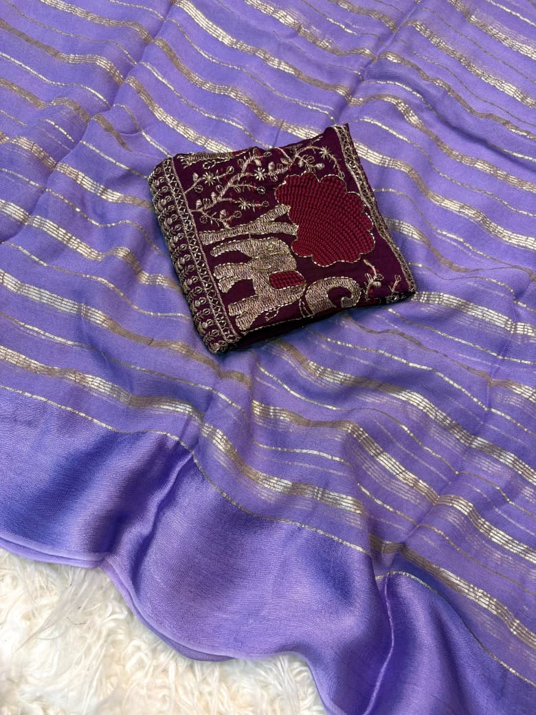 Viscose Georgette Saree with Beads Work Blouse in Elephant Design & Satin Border