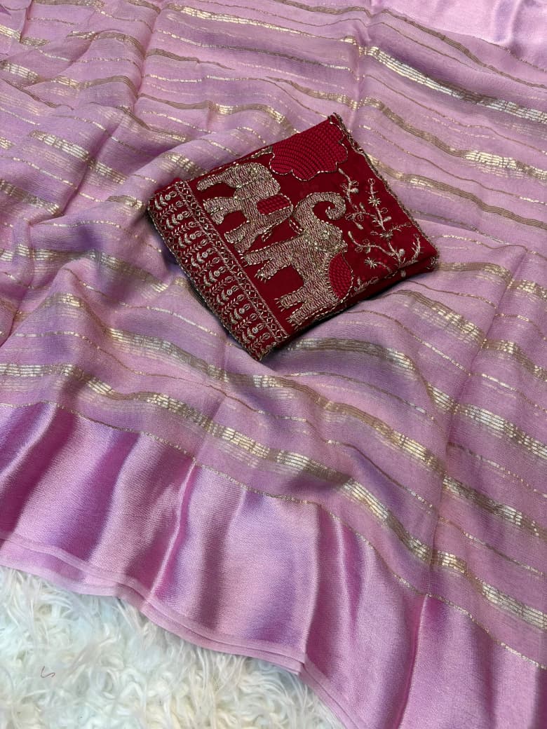 Viscose Georgette Saree with Beads Work Blouse in Elephant Design & Satin Border