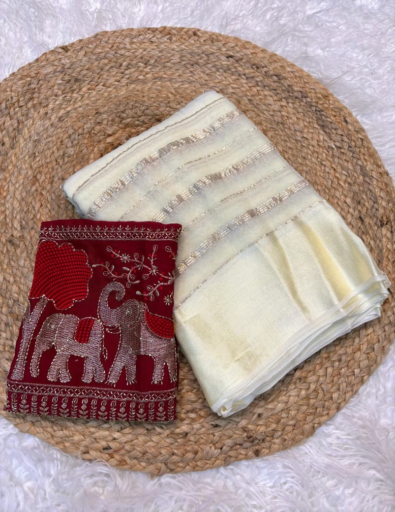 Viscose Georgette Saree with Elephant Beads Work Blouse & Satin Border