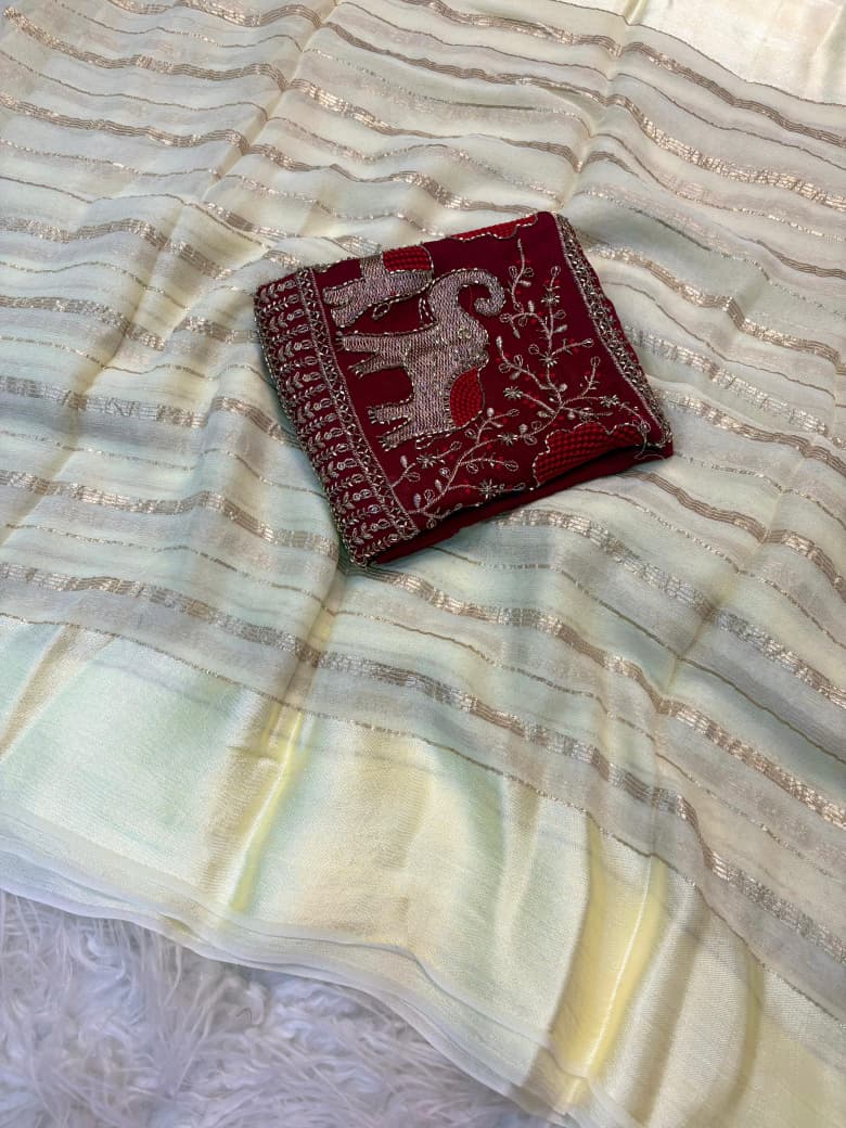 Viscose Georgette Saree with Elephant Beads Work Blouse & Satin Border