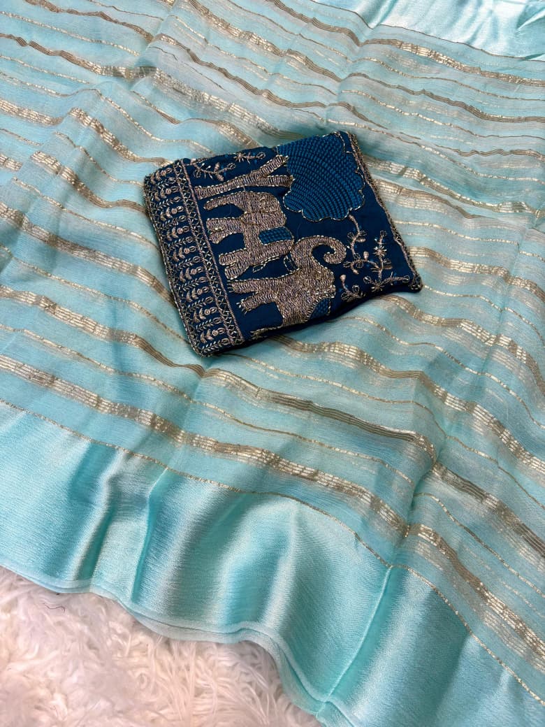 Viscose Georgette Saree with Elephant Beads Work Blouse & Satin Border