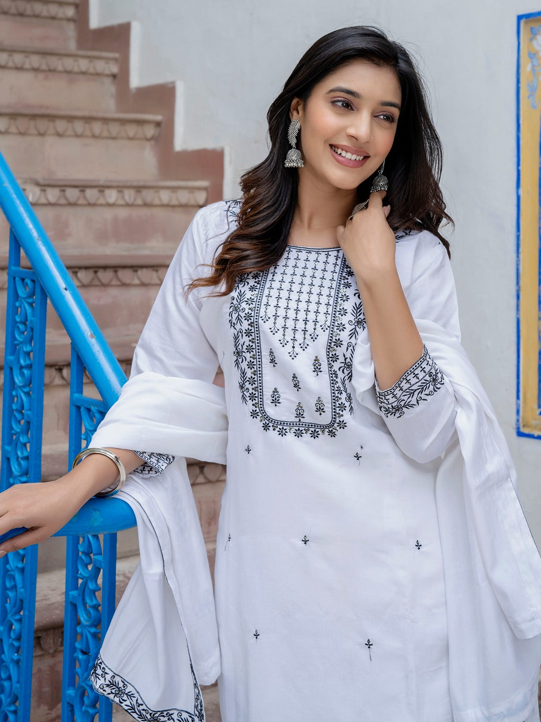 Viscose Roman Silk Embroidered Kurta Pant Set with Dupatta