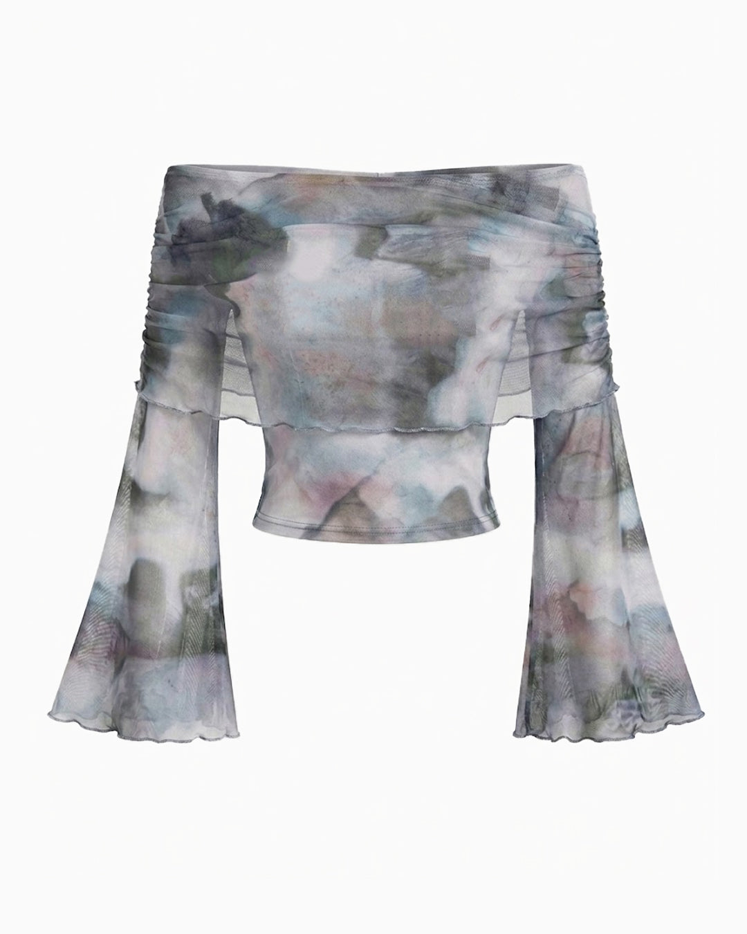 Off Shoulder Mesh Bell Sleeve Printed Crop Top in Light Grey