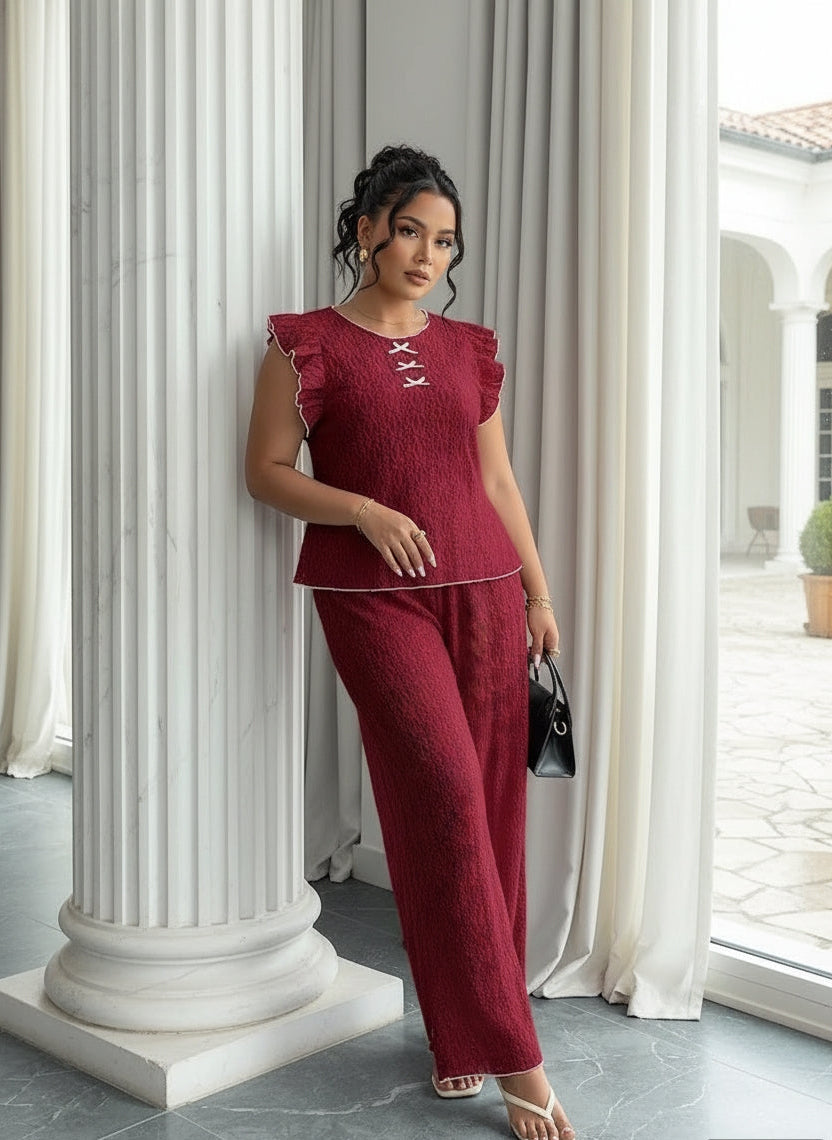 women Round Neck Mushroom Sleeve Top & Straight Pants