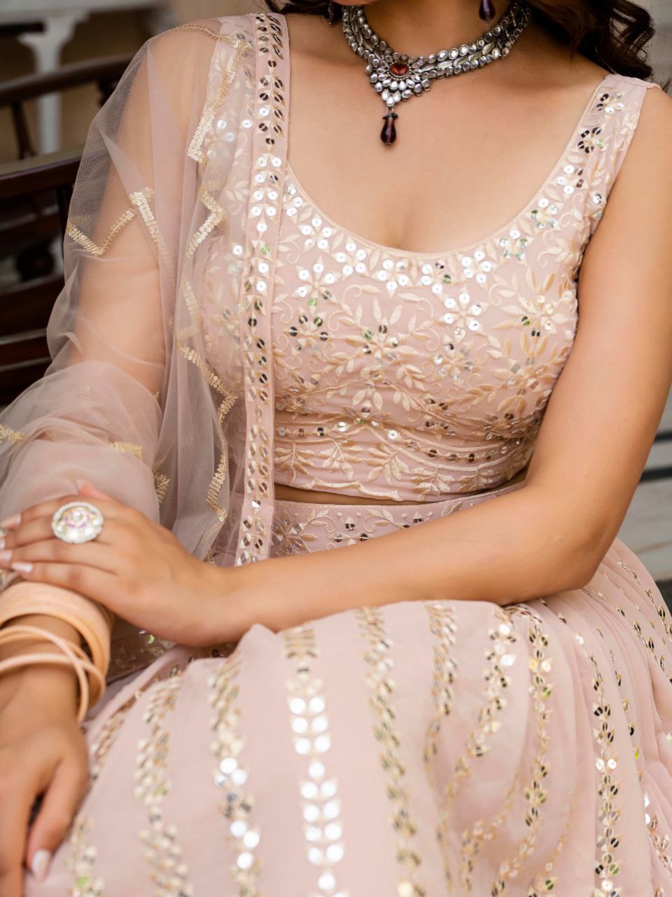 Warm Peach Luxurious Faux Georgette Zari & Sequin Embroidered Semi-Stitched Lehenga Choli with Net Embroidered Dupatta
