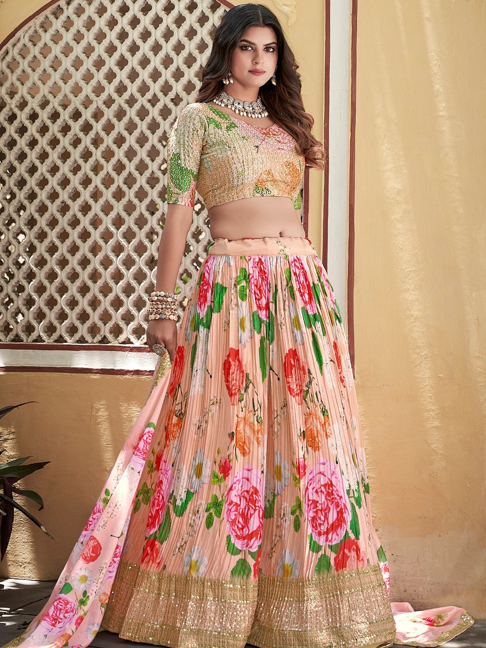 Peach Color Digital Print With Sequins Embroidery Work Crushed Chinon Lehenga Choli
