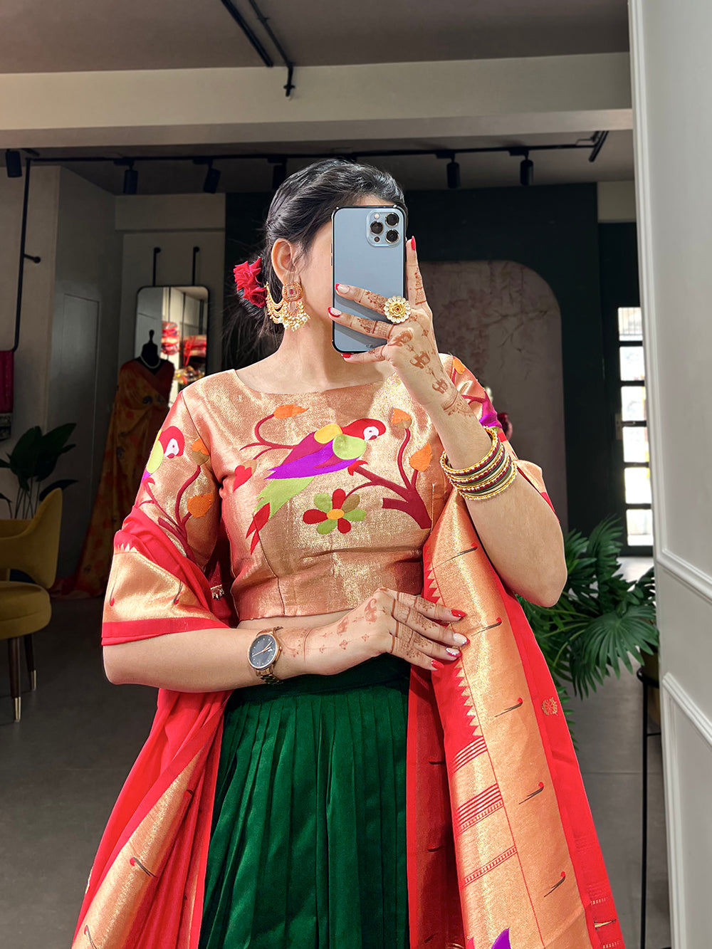 Green Color Plain With Paithani Lace Border Vichitra Silk Lehenga  Choli