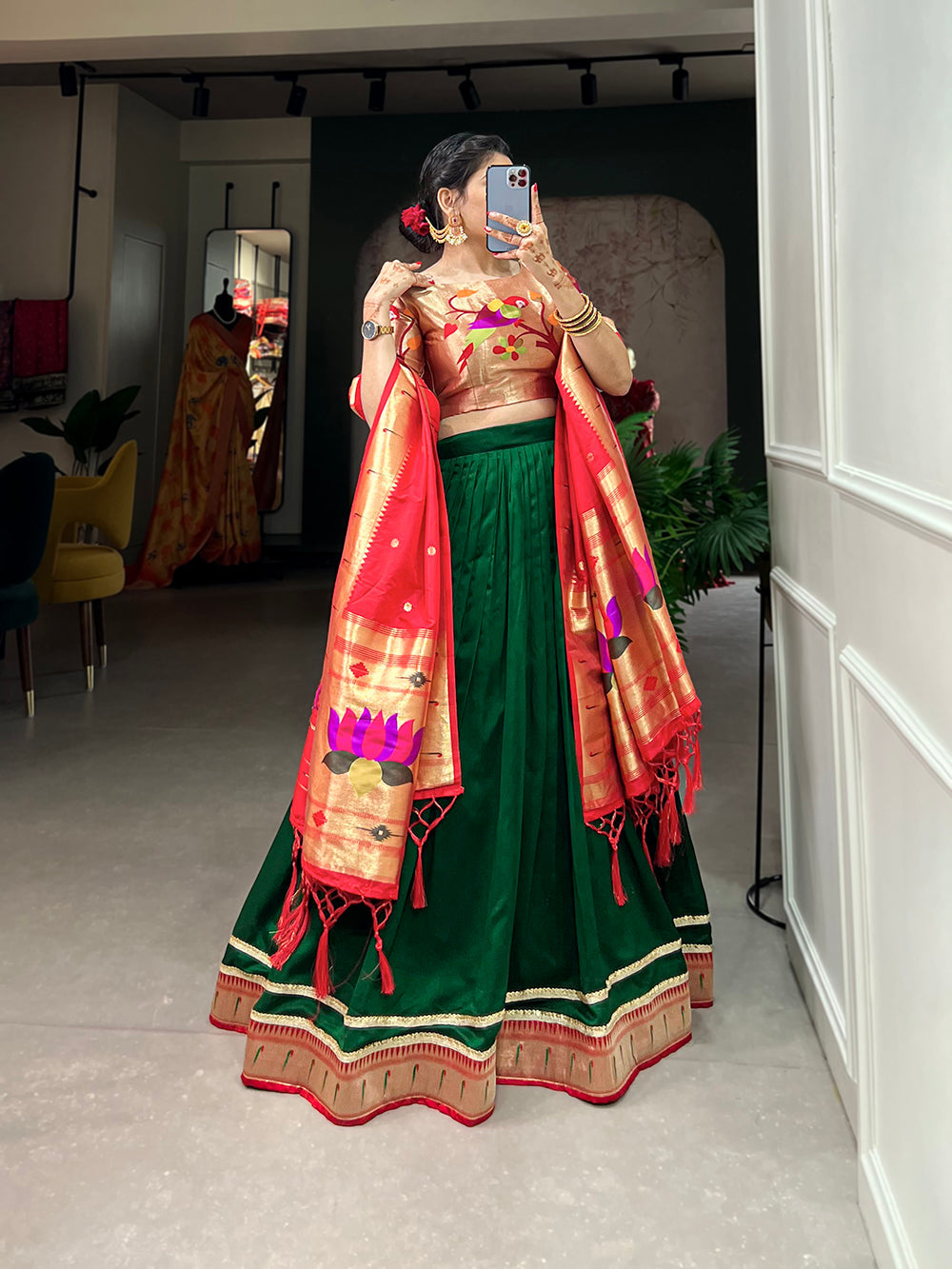 Green Color Plain With Paithani Lace Border Vichitra Silk Lehenga  Choli