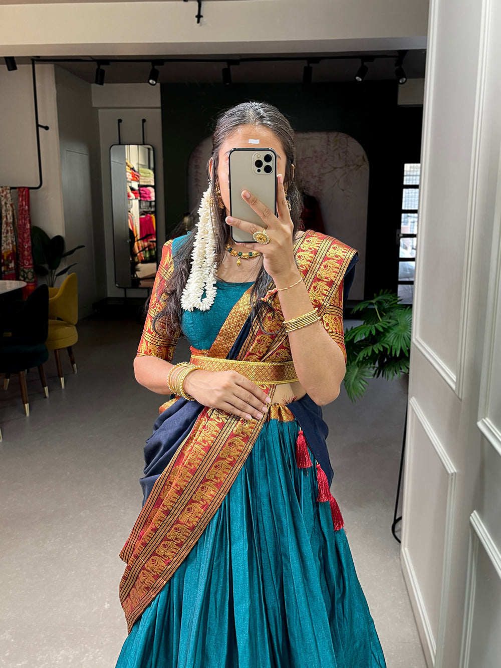 Firozi Color Zari Weaving Work Narayan Pet (Cotton) Kollam Pattu Lehenga Choli