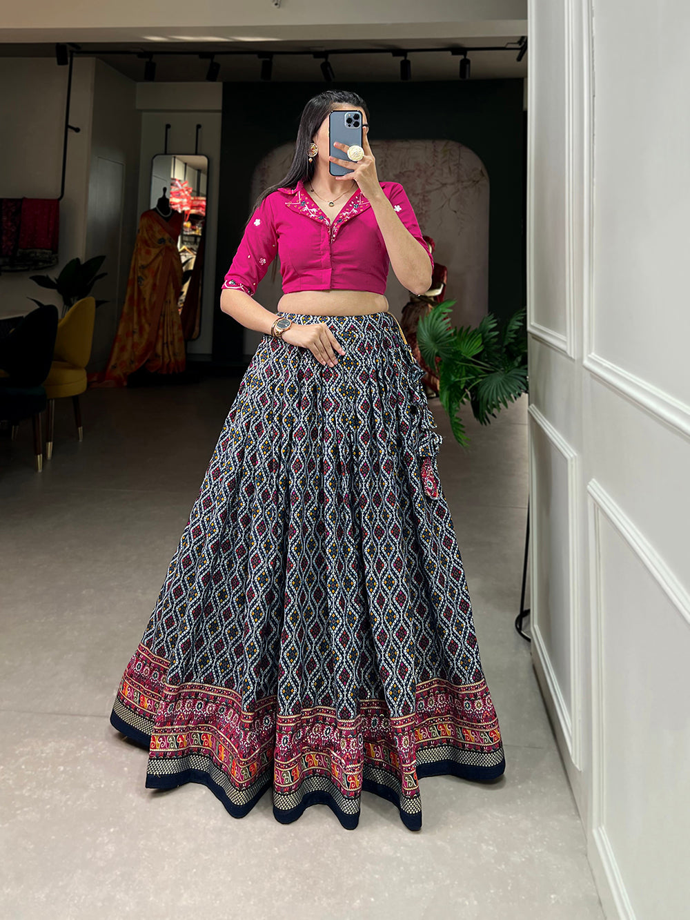 Navy Blue Color Patola With Foil Print Rayon Cotton Co-ord Set Lehenga Choli