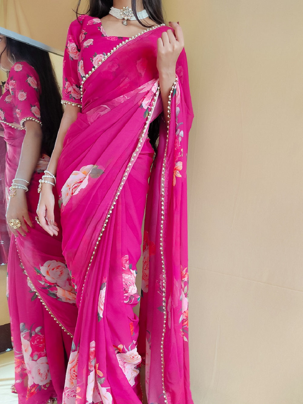Pink Color Printed With Peral Lace Border Georgette Trending Saree