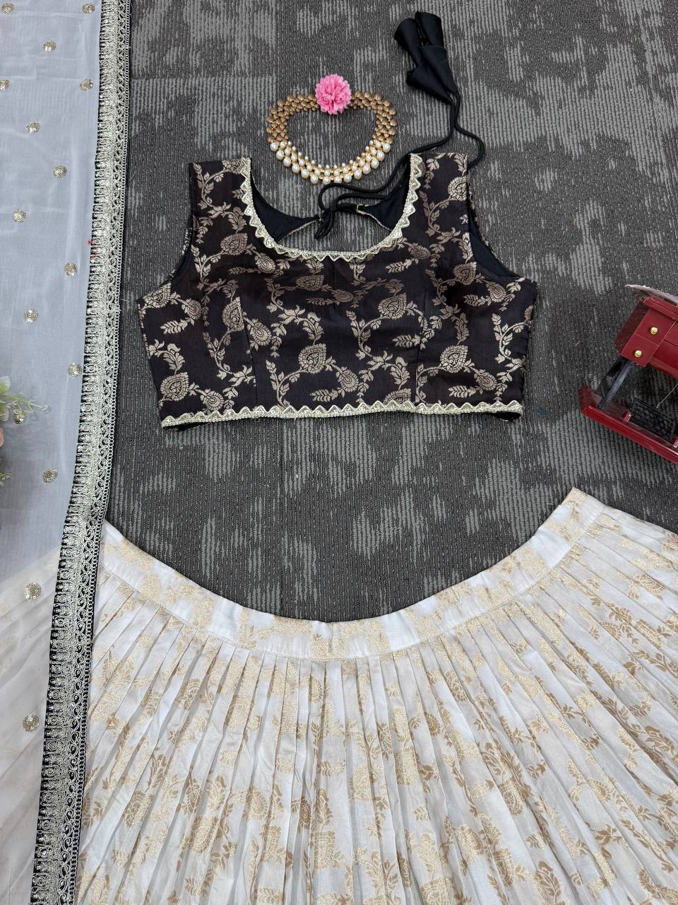 White & Black Glamorous Jequrd Semi-Stitched Lehenga Set with Sequins & Coding Work