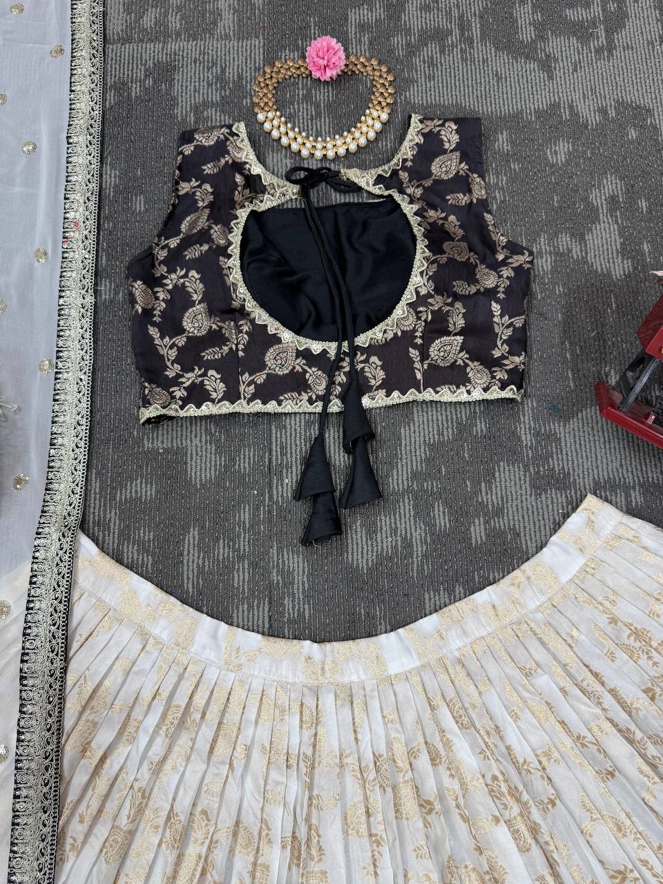 White & Black Glamorous Jequrd Semi-Stitched Lehenga Set with Sequins & Coding Work