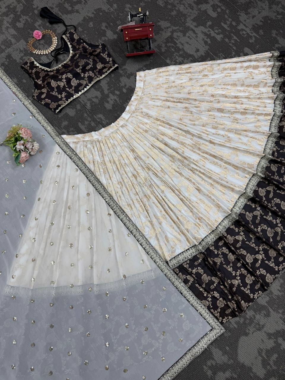 White & Black Glamorous Jequrd Semi-Stitched Lehenga Set with Sequins & Coding Work