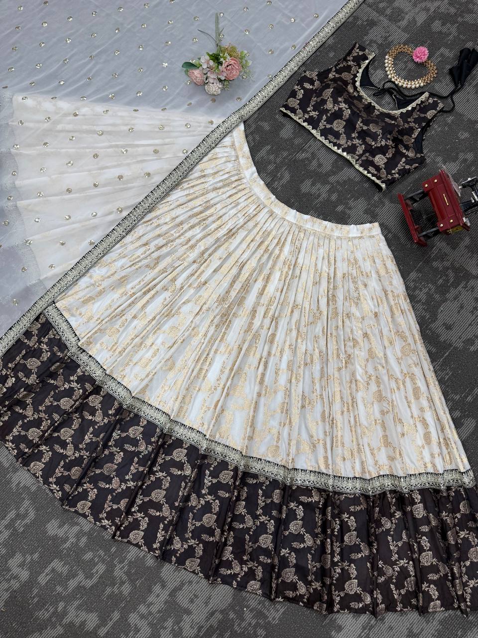 White & Black Glamorous Jequrd Semi-Stitched Lehenga Set with Sequins & Coding Work