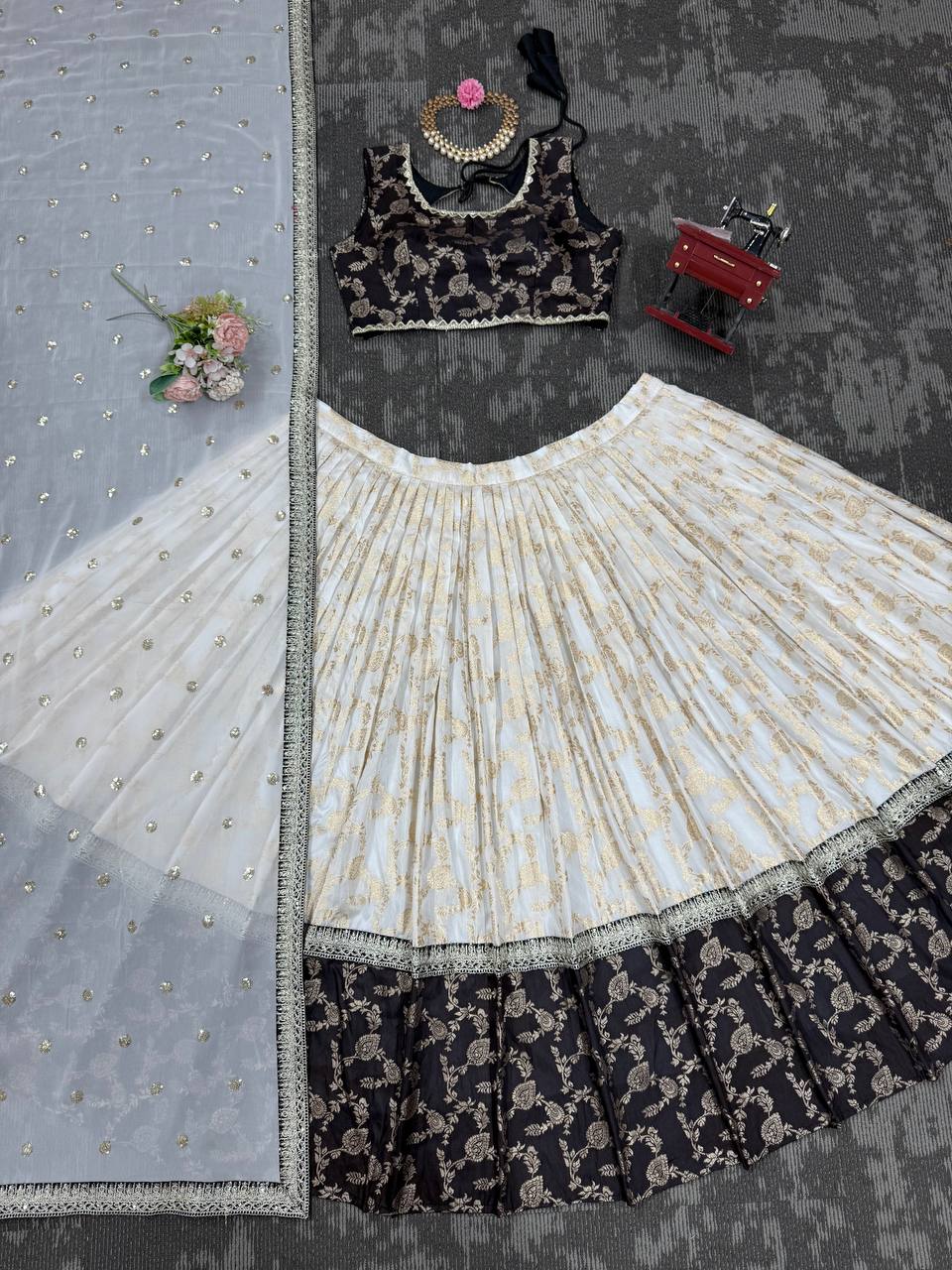 White & Black Glamorous Jequrd Semi-Stitched Lehenga Set with Sequins & Coding Work
