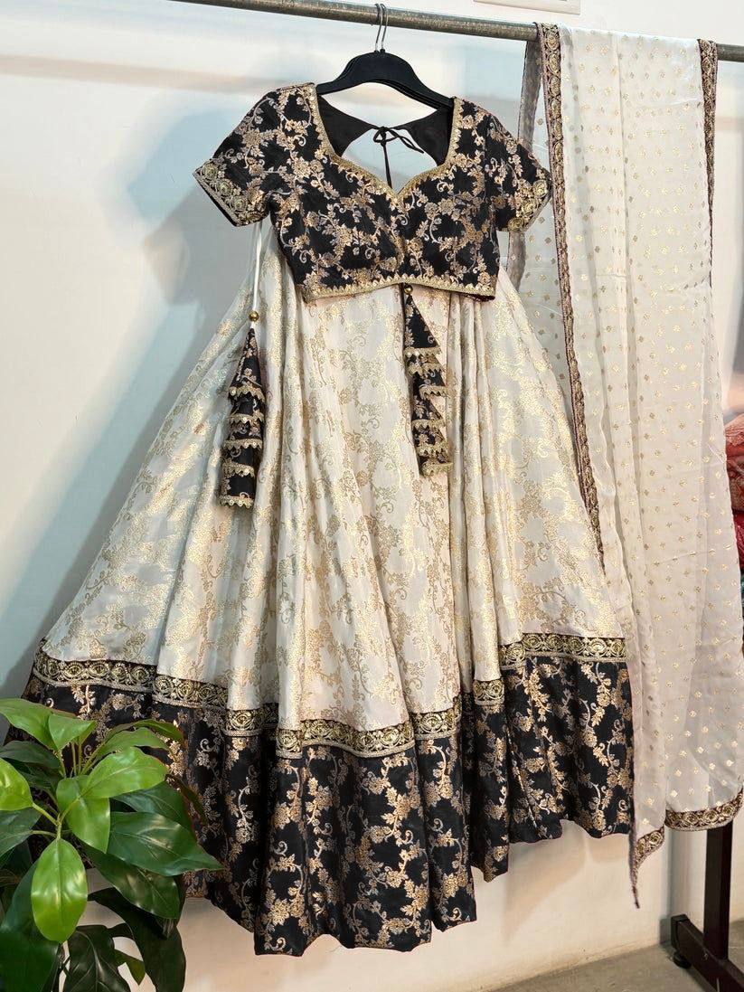 White & Black Glamorous Jequrd Semi-Stitched Lehenga Set with Sequins & Coding Work