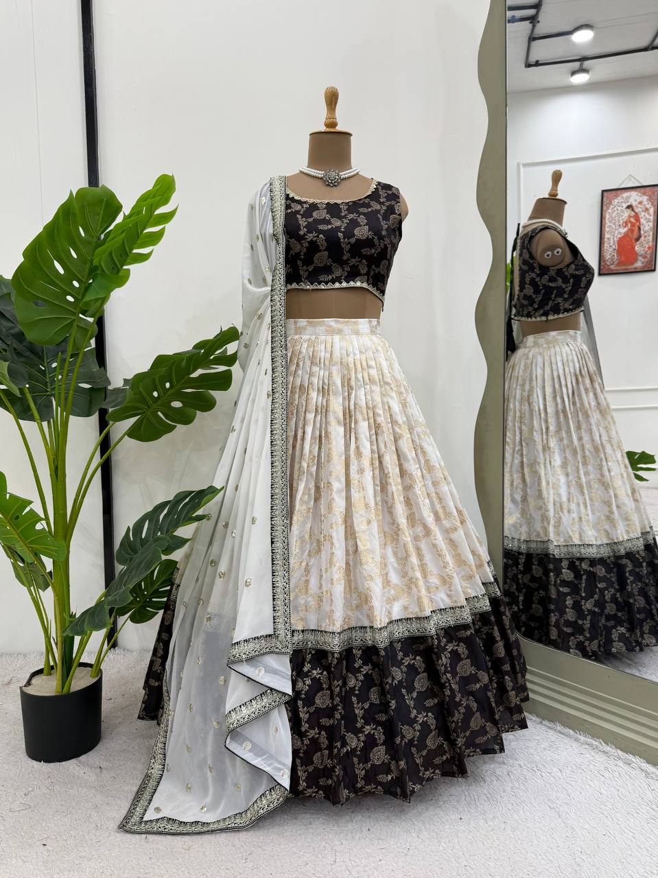 White & Black Glamorous Jequrd Semi-Stitched Lehenga Set with Sequins & Coding Work