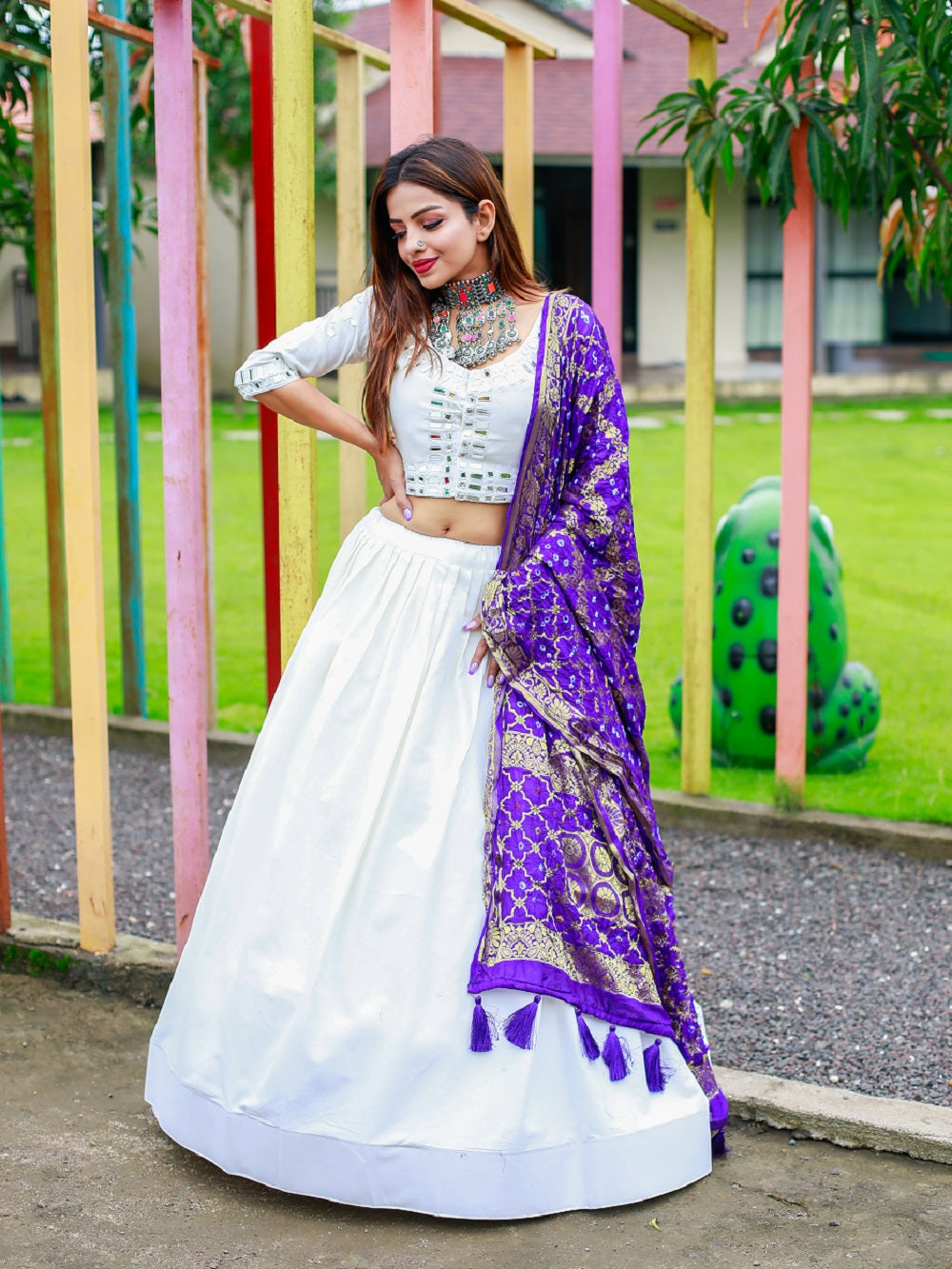 White Color Plain Cotton Lehenga Choli With Bandhej Dupatta