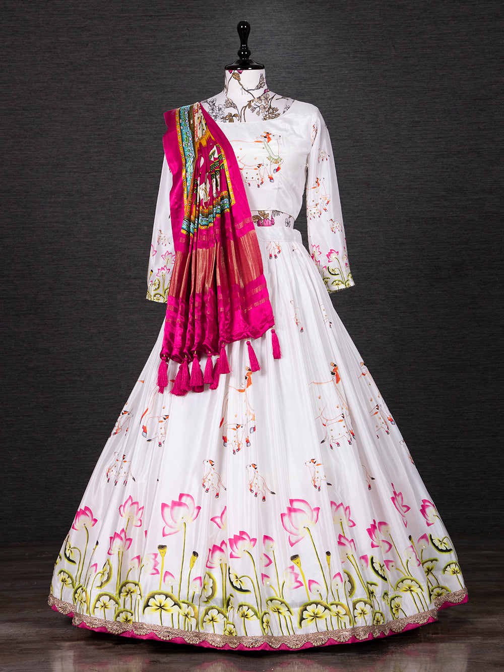 White Color Printed Silk Lehenga Choli With Dupatta