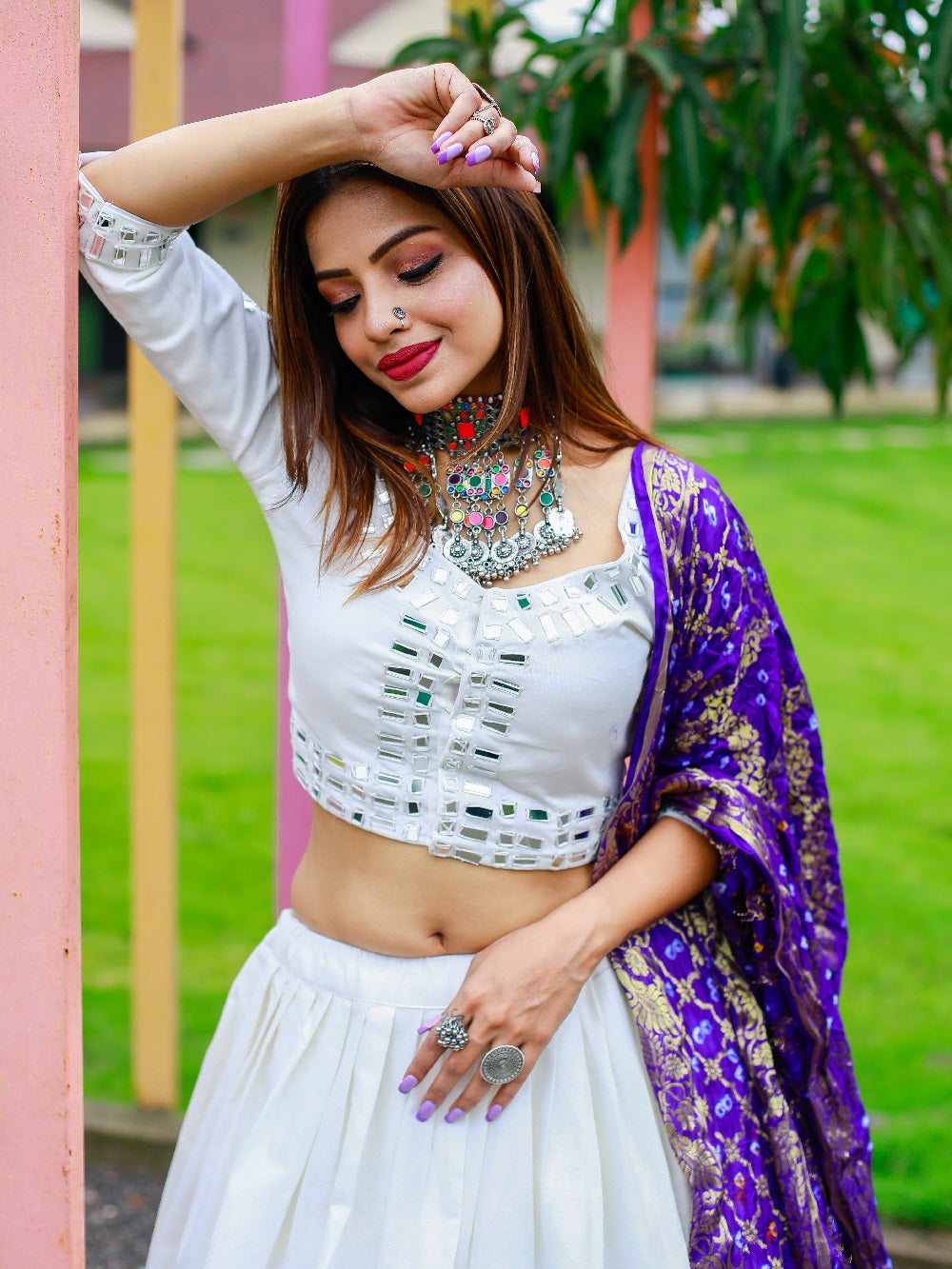 White Color Plain Cotton Lehenga Choli With Bandhej Dupatta