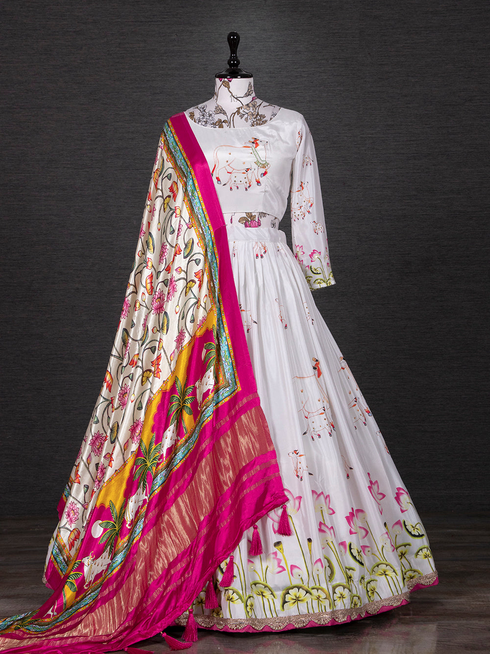 White Color Printed Silk Lehenga Choli With Dupatta