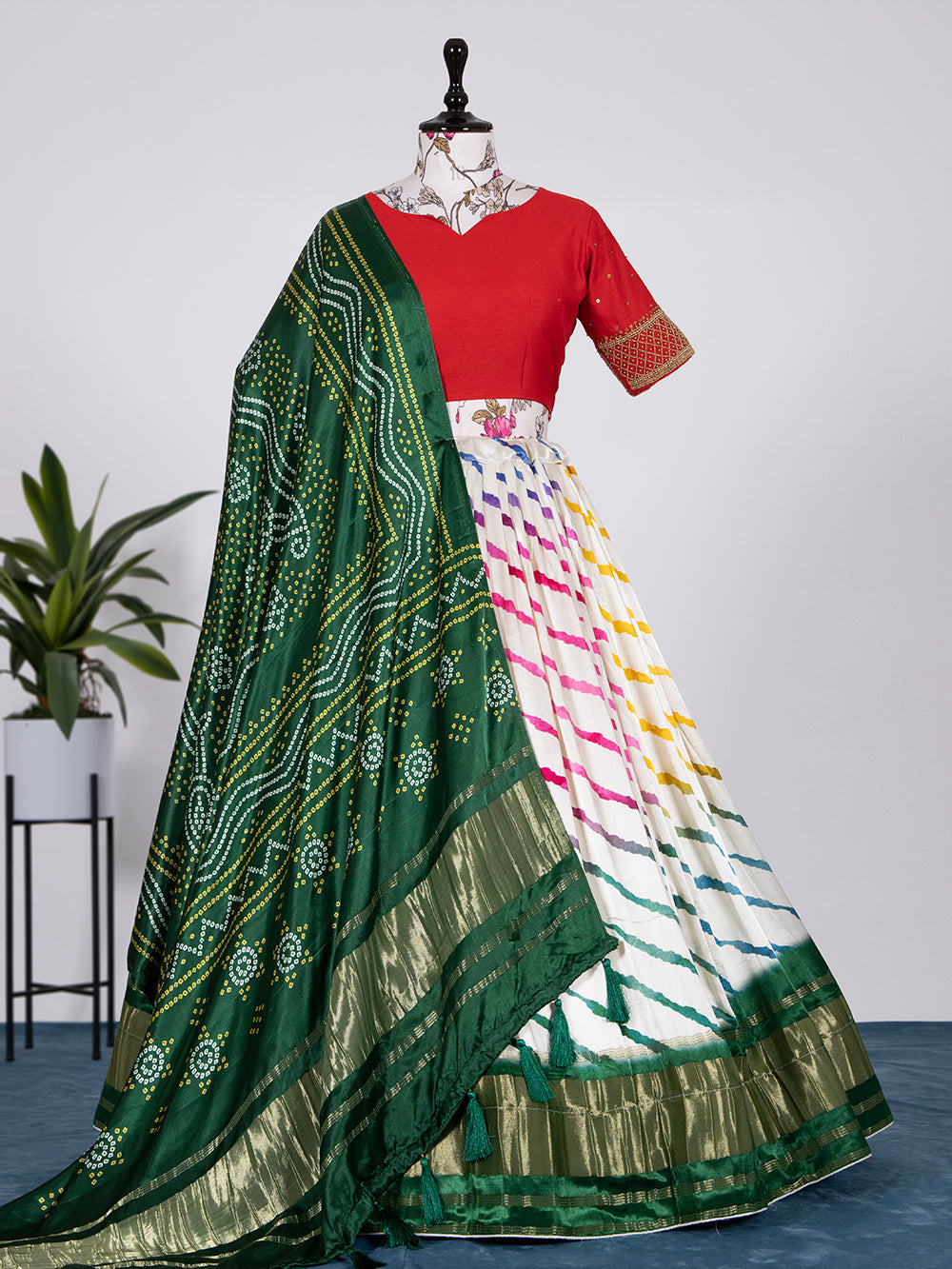 White Color Digital Bandhej Print Pure Gaji Silk Lehenga Choli