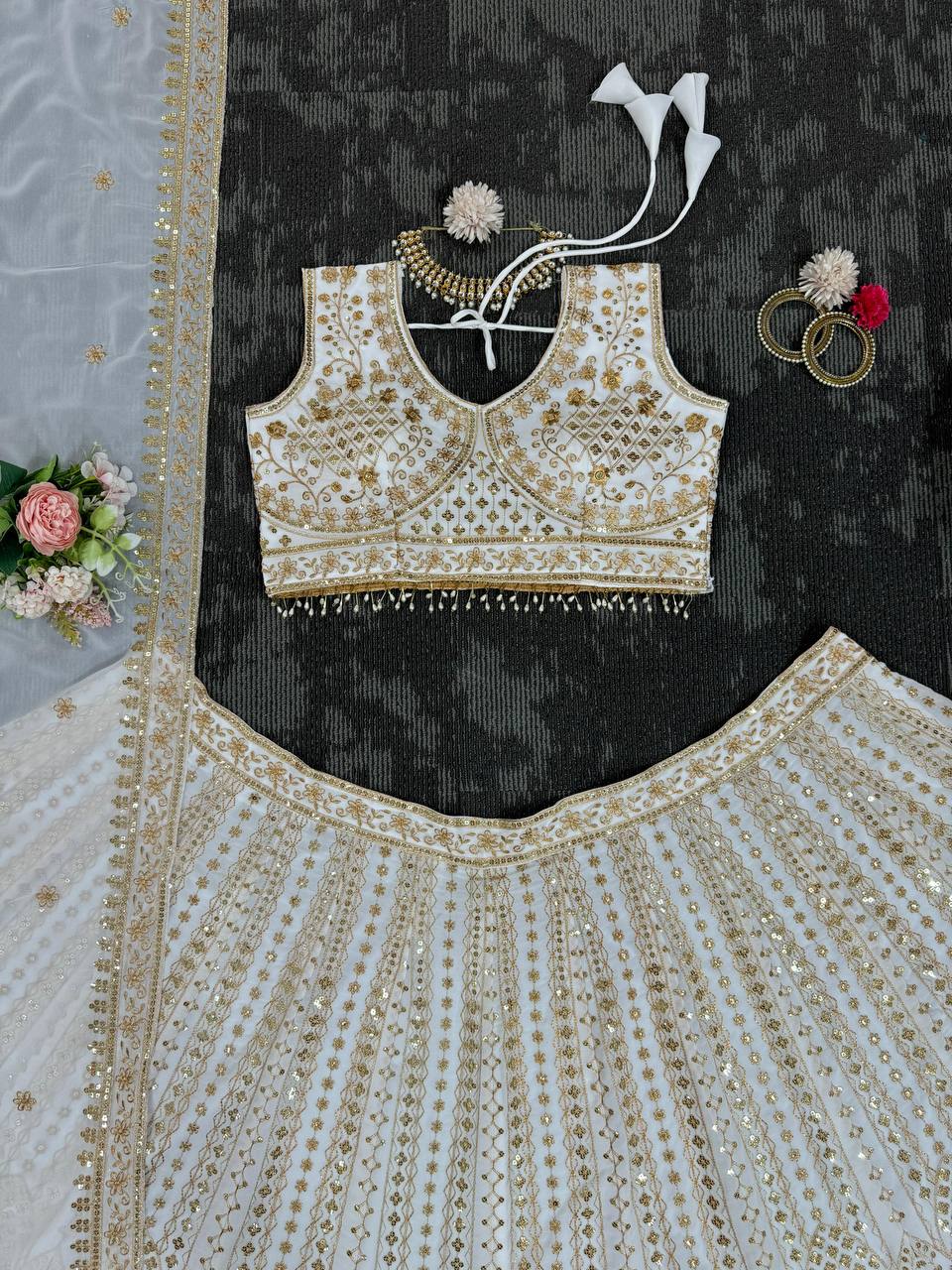 White Designer Fox Georgette Semi-Stitched Lehengha Set with Sequin & Thread Work