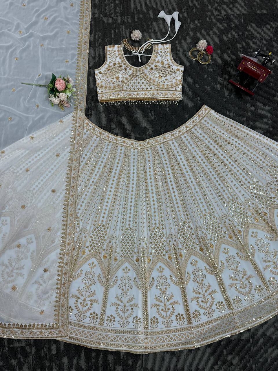 White Designer Fox Georgette Semi-Stitched Lehengha Set with Sequin & Thread Work