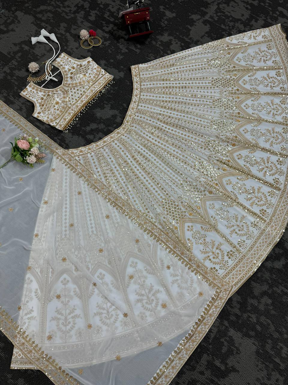 White Designer Fox Georgette Semi-Stitched Lehengha Set with Sequin & Thread Work