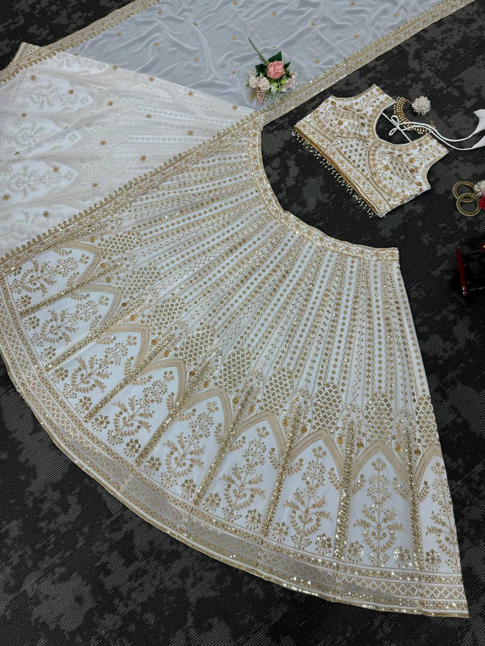 White Designer Fox Georgette Semi-Stitched Lehengha Set with Sequin & Thread Work