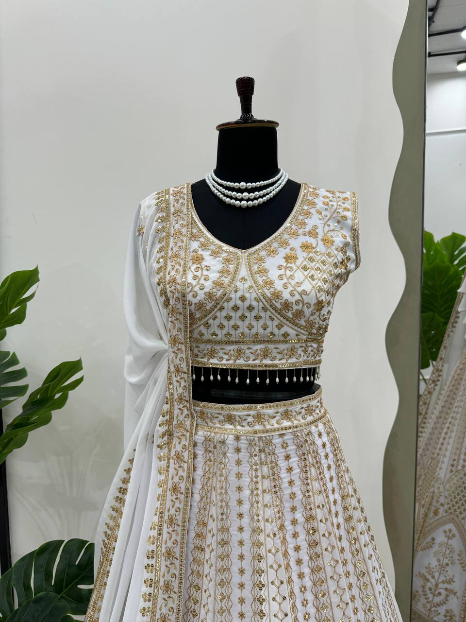 White Designer Fox Georgette Semi-Stitched Lehengha Set with Sequin & Thread Work