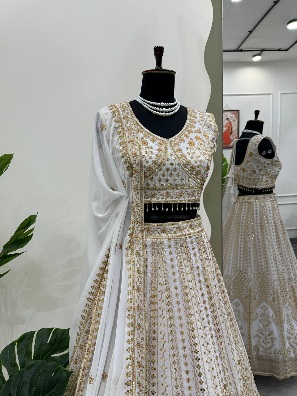 White Designer Fox Georgette Semi-Stitched Lehengha Set with Sequin & Thread Work