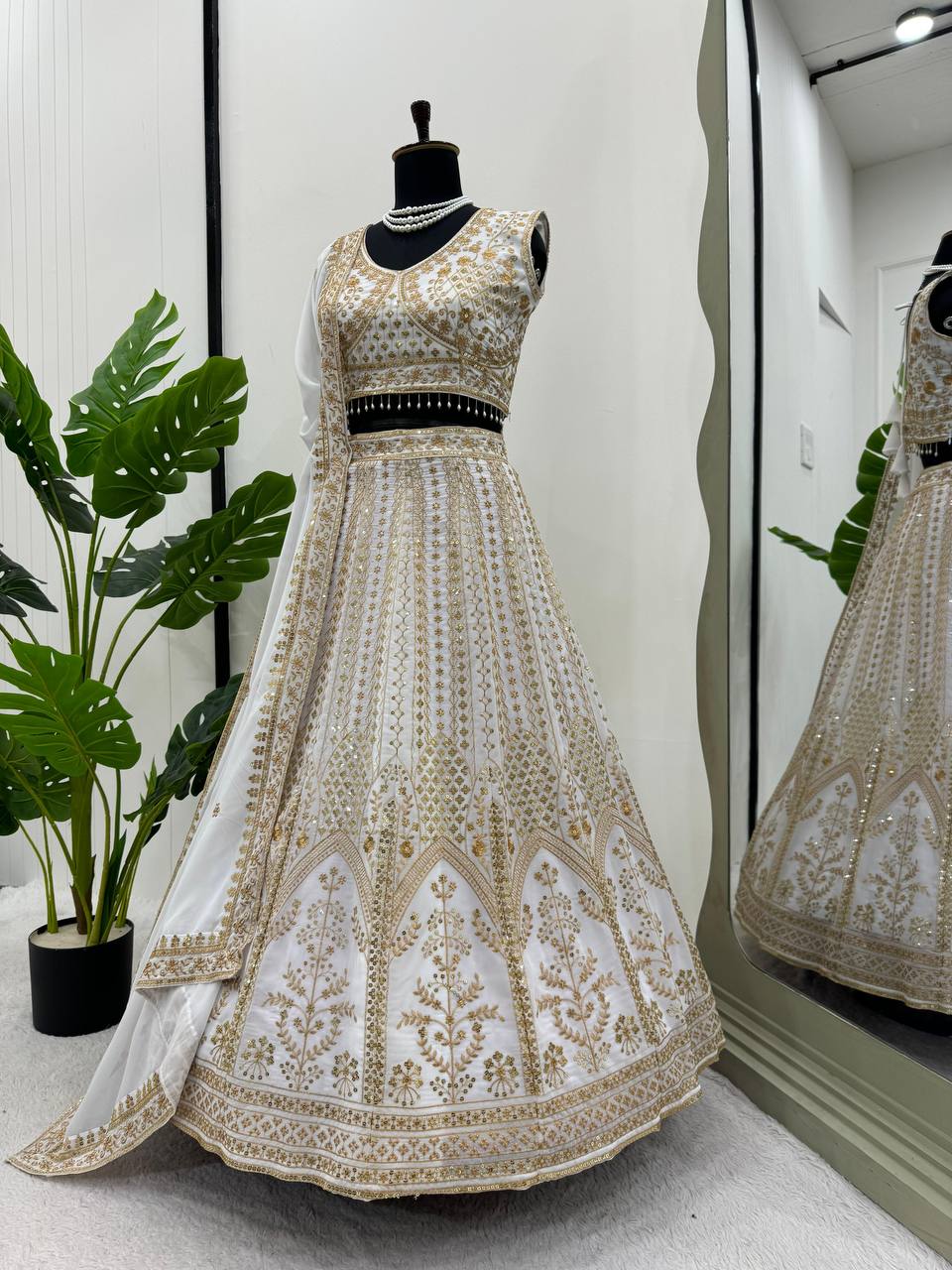 White Designer Fox Georgette Semi-Stitched Lehengha Set with Sequin & Thread Work