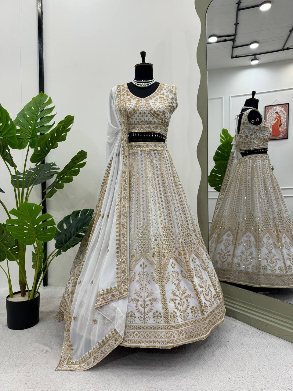 White Designer Fox Georgette Semi-Stitched Lehengha Set with Sequin & Thread Work