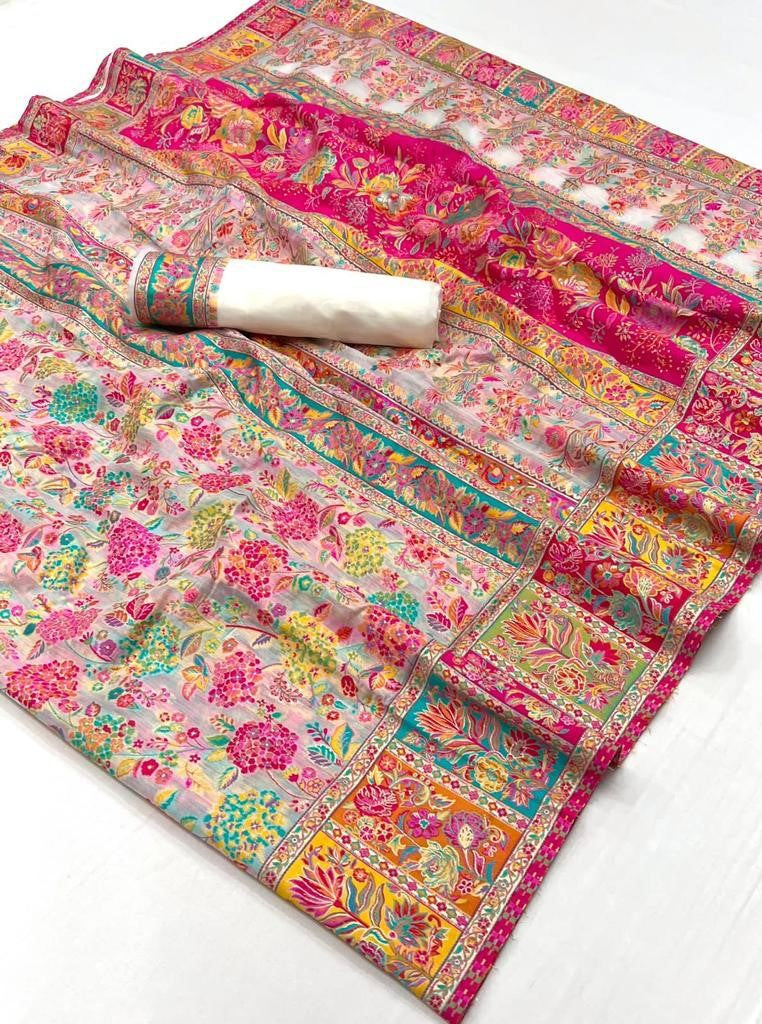 White Digital Print Elegant Bollywood Art Silk Saree with Zari Woven Border