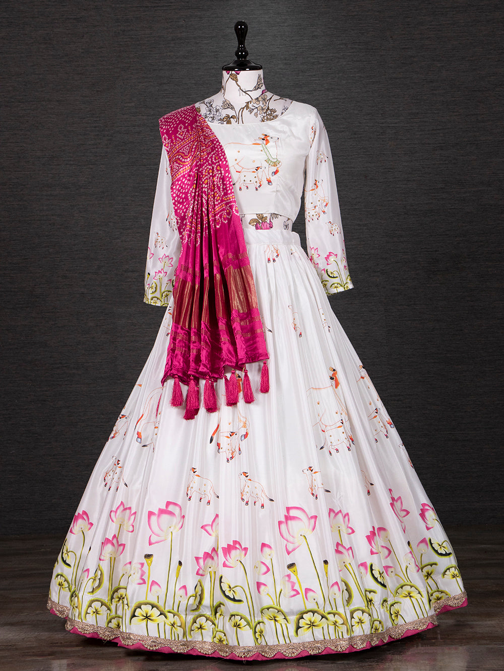White Color Digital Printed Silk Lehenga Choli Set