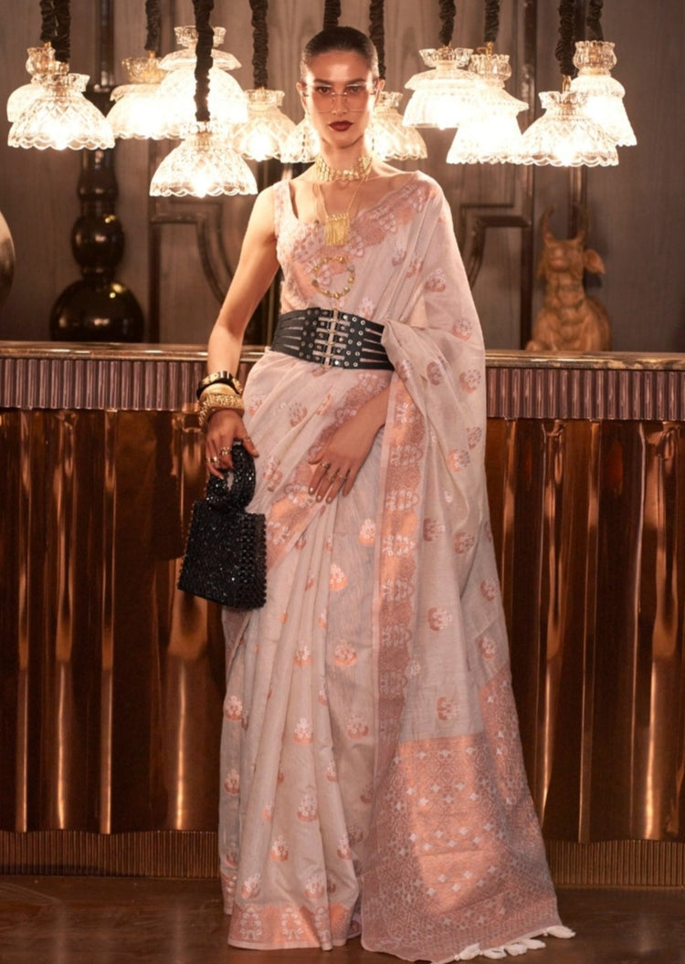 White Elegant Bollywood Cotton Silk Saree with Tassel Detailing