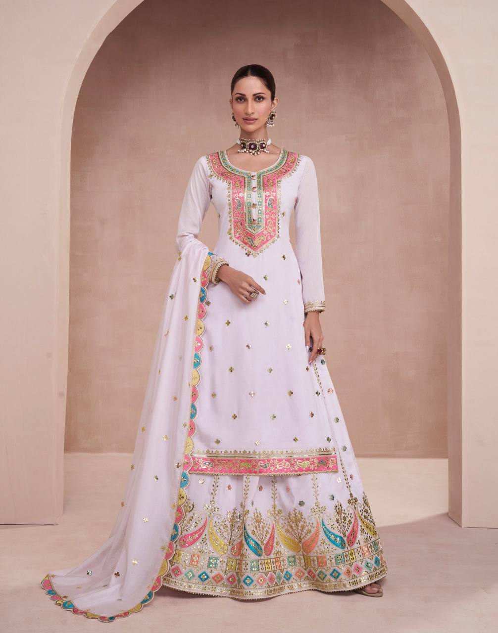White Elegant Embroidered Chinon Kurti Lehenga Set with Faux Georgette Dupatta
