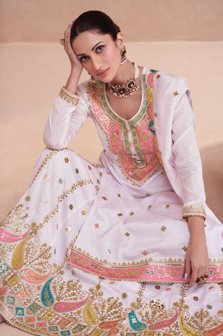 White Elegant Embroidered Chinon Kurti Lehenga Set with Faux Georgette Dupatta