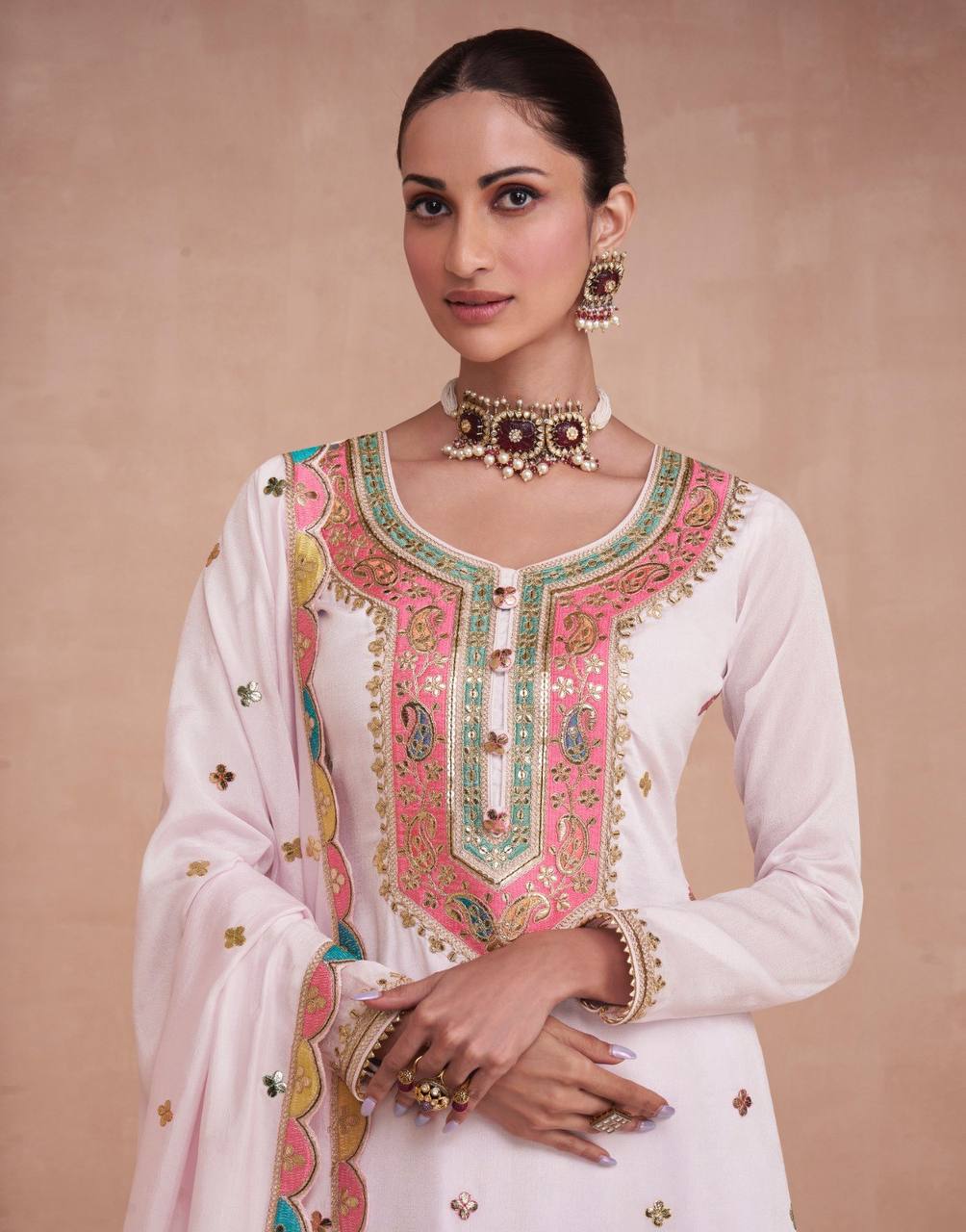 White Elegant Embroidered Chinon Kurti Lehenga Set with Faux Georgette Dupatta