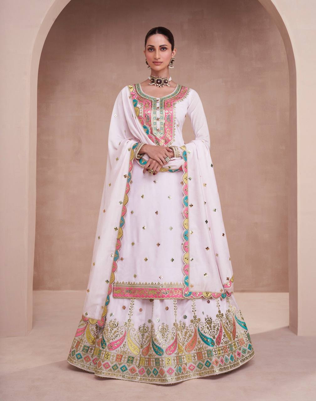 White Elegant Embroidered Chinon Kurti Lehenga Set with Faux Georgette Dupatta
