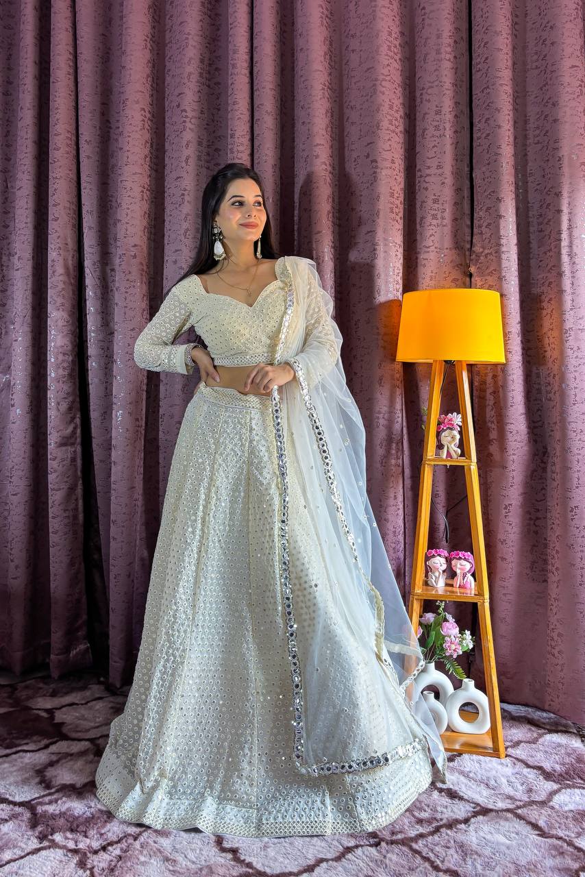 White Elegant Georgette Sequin & Thread Work Lehenga Set with Net Dupatta
