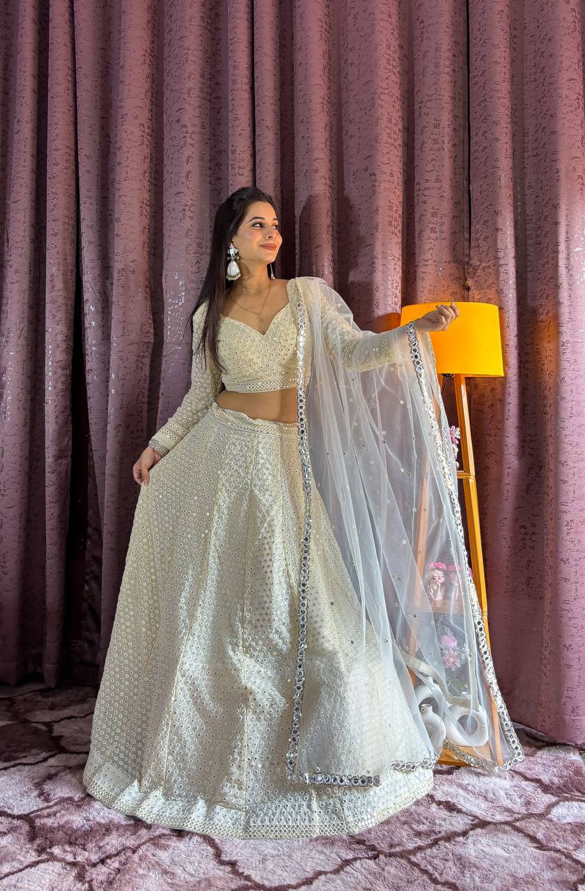 White Elegant Georgette Sequin & Thread Work Lehenga Set with Net Dupatta