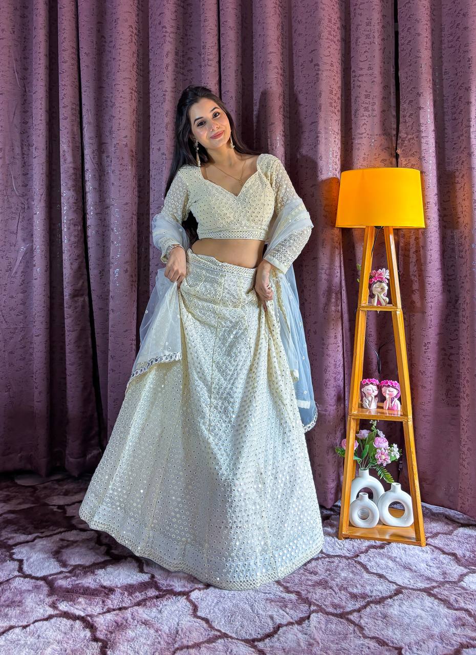 White Elegant Georgette Sequin & Thread Work Lehenga Set with Net Dupatta