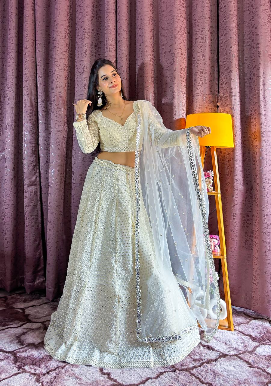 White Elegant Georgette Sequin & Thread Work Lehenga Set with Net Dupatta